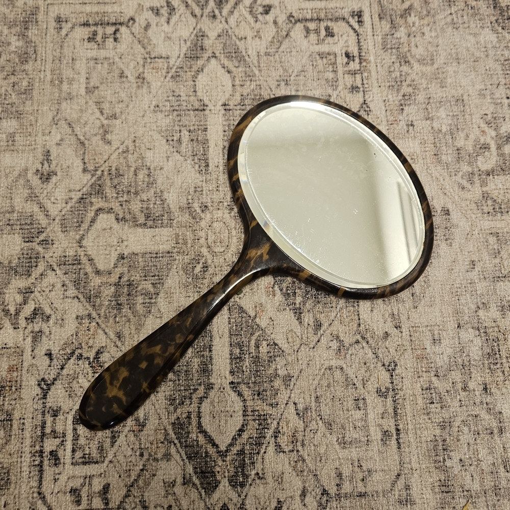 Mid-Century English Faux Tortoiseshell Oval Hand Mirror, 1950s